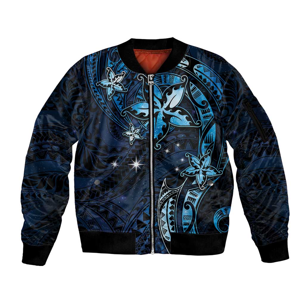Hawaii Makahiki Season Sleeve Zip Bomber Jacket Floral Tribal Tattoo Blue Galaxy LT05 Unisex Blue - Polynesian Pride