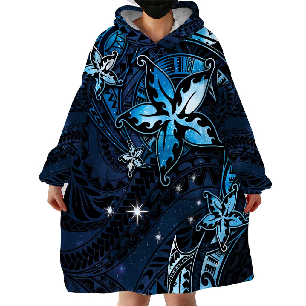 Hawaii Makahiki Season Wearable Blanket Hoodie Floral Tribal Tattoo Blue Galaxy