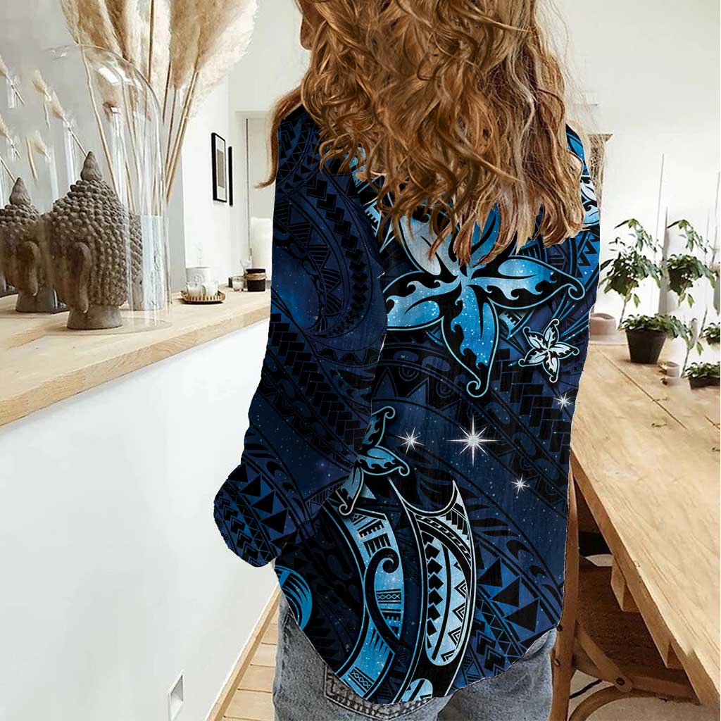 Hawaii Makahiki Season Women Casual Shirt Floral Tribal Tattoo Blue Galaxy