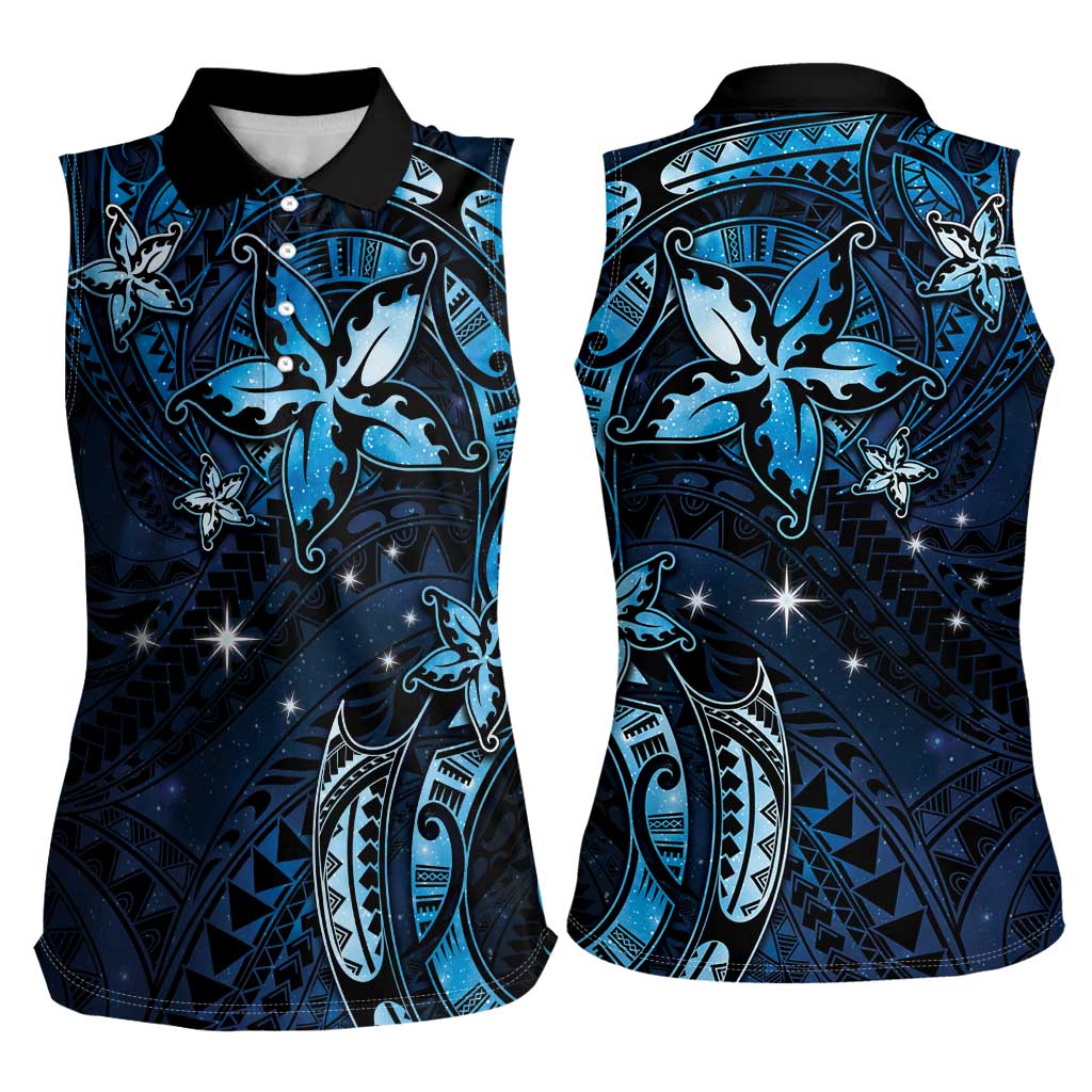 Hawaii Makahiki Season Women Sleeveless Polo Shirt Floral Tribal Tattoo Blue Galaxy