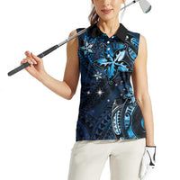 Hawaii Makahiki Season Women Sleeveless Polo Shirt Floral Tribal Tattoo Blue Galaxy