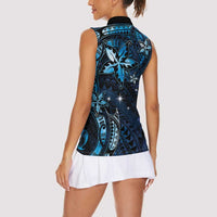 Hawaii Makahiki Season Women Sleeveless Polo Shirt Floral Tribal Tattoo Blue Galaxy
