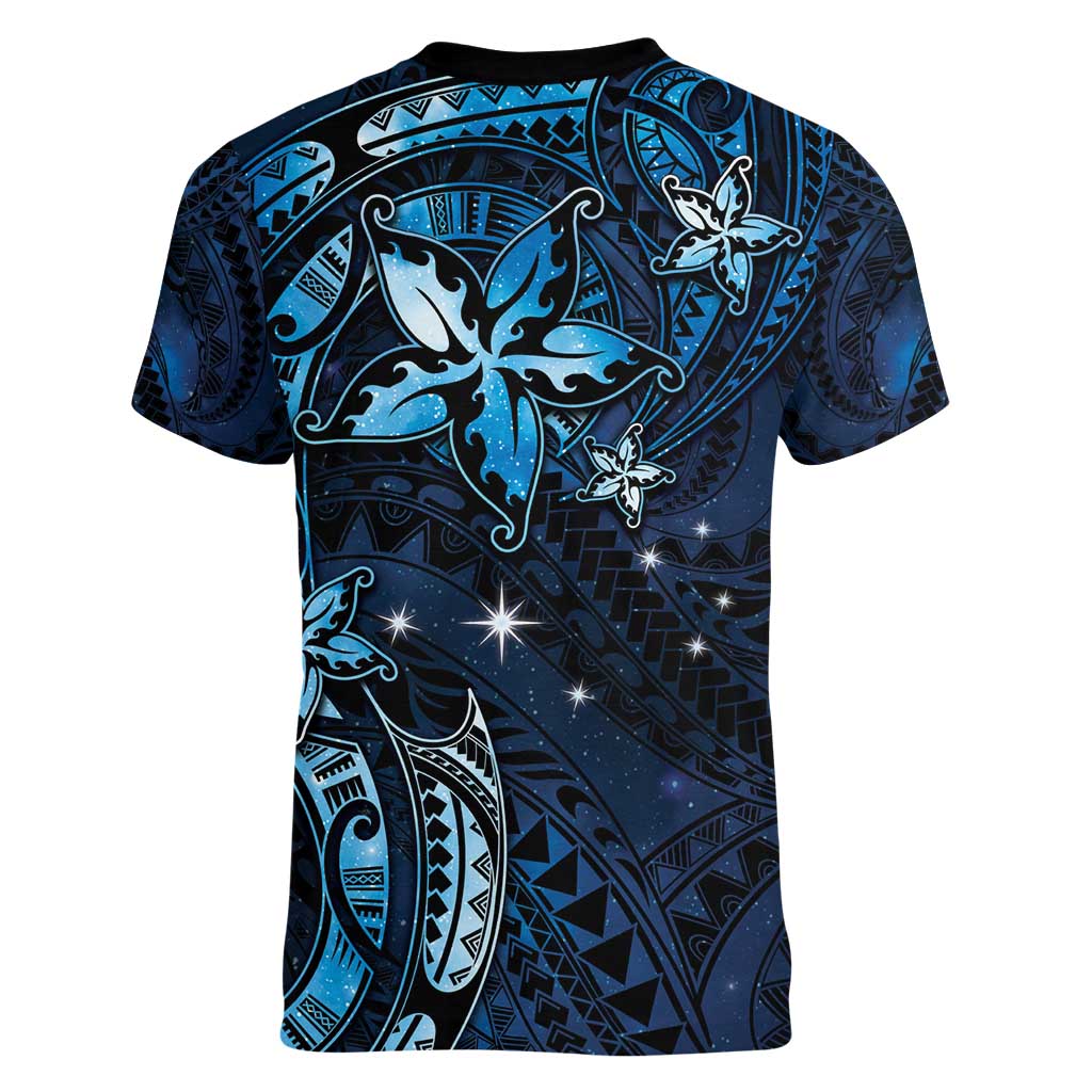 Hawaii Makahiki Season Women V-Neck T-Shirt Floral Tribal Tattoo Blue Galaxy