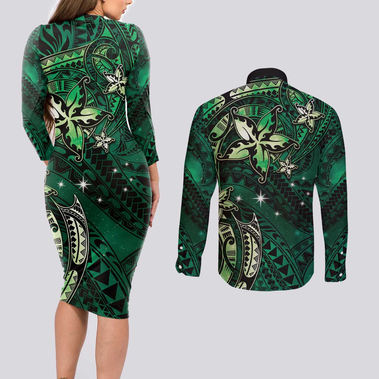 Hawaii Makahiki Season Couples Matching Long Sleeve Bodycon Dress and Long Sleeve Button Shirt Floral Tribal Tattoo Green Galaxy LT05 - Polynesian Pride