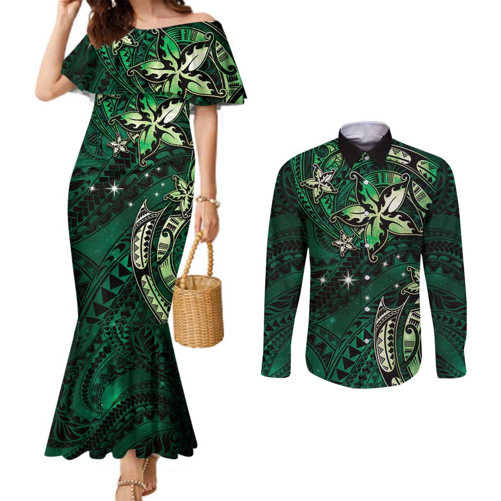 Hawaii Makahiki Season Couples Matching Mermaid Dress and Long Sleeve Button Shirt Floral Tribal Tattoo Green Galaxy LT05 Green - Polynesian Pride