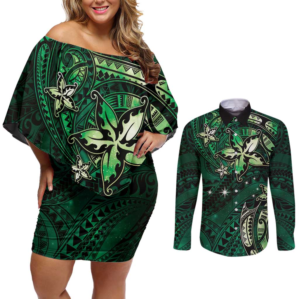 Hawaii Makahiki Season Couples Matching Off Shoulder Short Dress and Long Sleeve Button Shirt Floral Tribal Tattoo Green Galaxy LT05 Green - Polynesian Pride