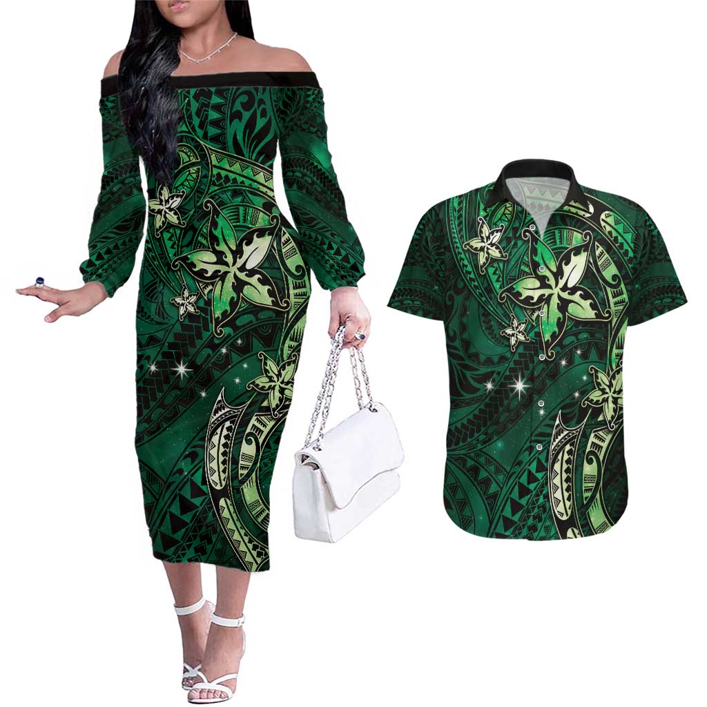 Hawaii Makahiki Season Couples Matching Off The Shoulder Long Sleeve Dress and Hawaiian Shirt Floral Tribal Tattoo Green Galaxy LT05 Green - Polynesian Pride