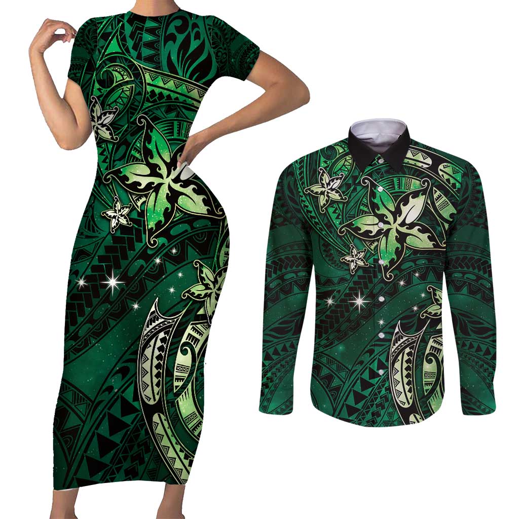 Hawaii Makahiki Season Couples Matching Short Sleeve Bodycon Dress and Long Sleeve Button Shirt Floral Tribal Tattoo Green Galaxy LT05 Green - Polynesian Pride