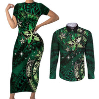 Hawaii Makahiki Season Couples Matching Short Sleeve Bodycon Dress and Long Sleeve Button Shirt Floral Tribal Tattoo Green Galaxy