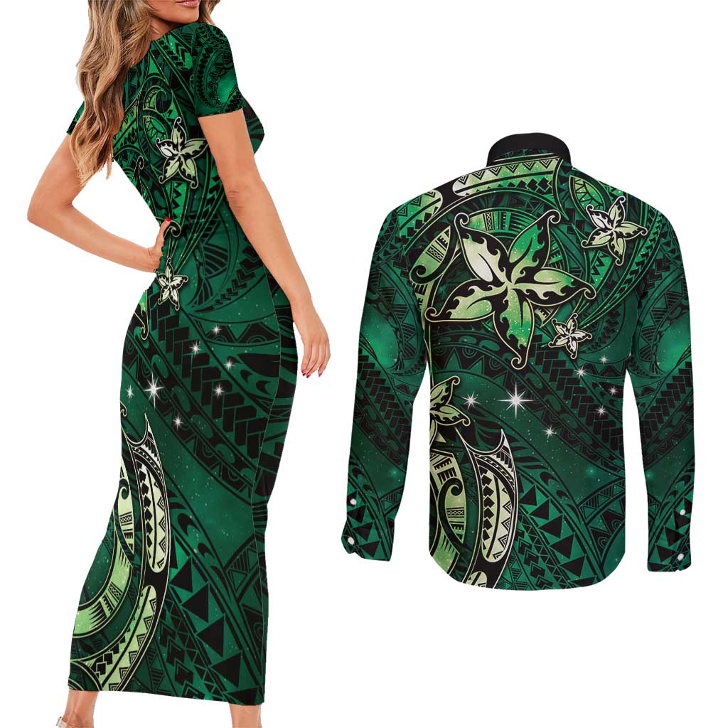 Hawaii Makahiki Season Couples Matching Short Sleeve Bodycon Dress and Long Sleeve Button Shirt Floral Tribal Tattoo Green Galaxy