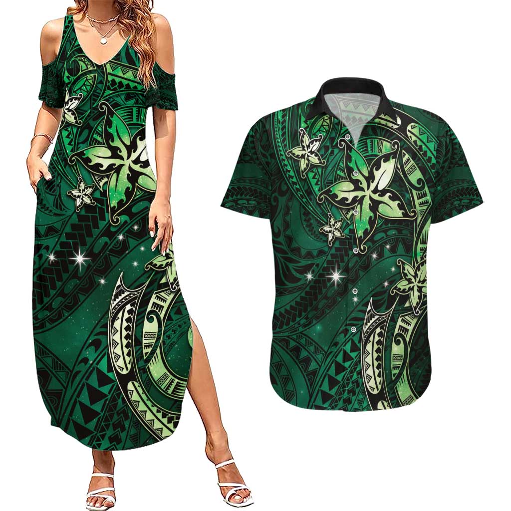 Hawaii Makahiki Season Couples Matching Summer Maxi Dress and Hawaiian Shirt Floral Tribal Tattoo Green Galaxy LT05 Green - Polynesian Pride
