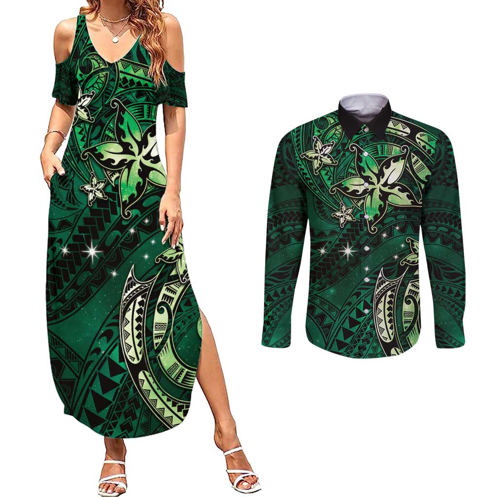 Hawaii Makahiki Season Couples Matching Summer Maxi Dress and Long Sleeve Button Shirt Floral Tribal Tattoo Green Galaxy LT05 Green - Polynesian Pride