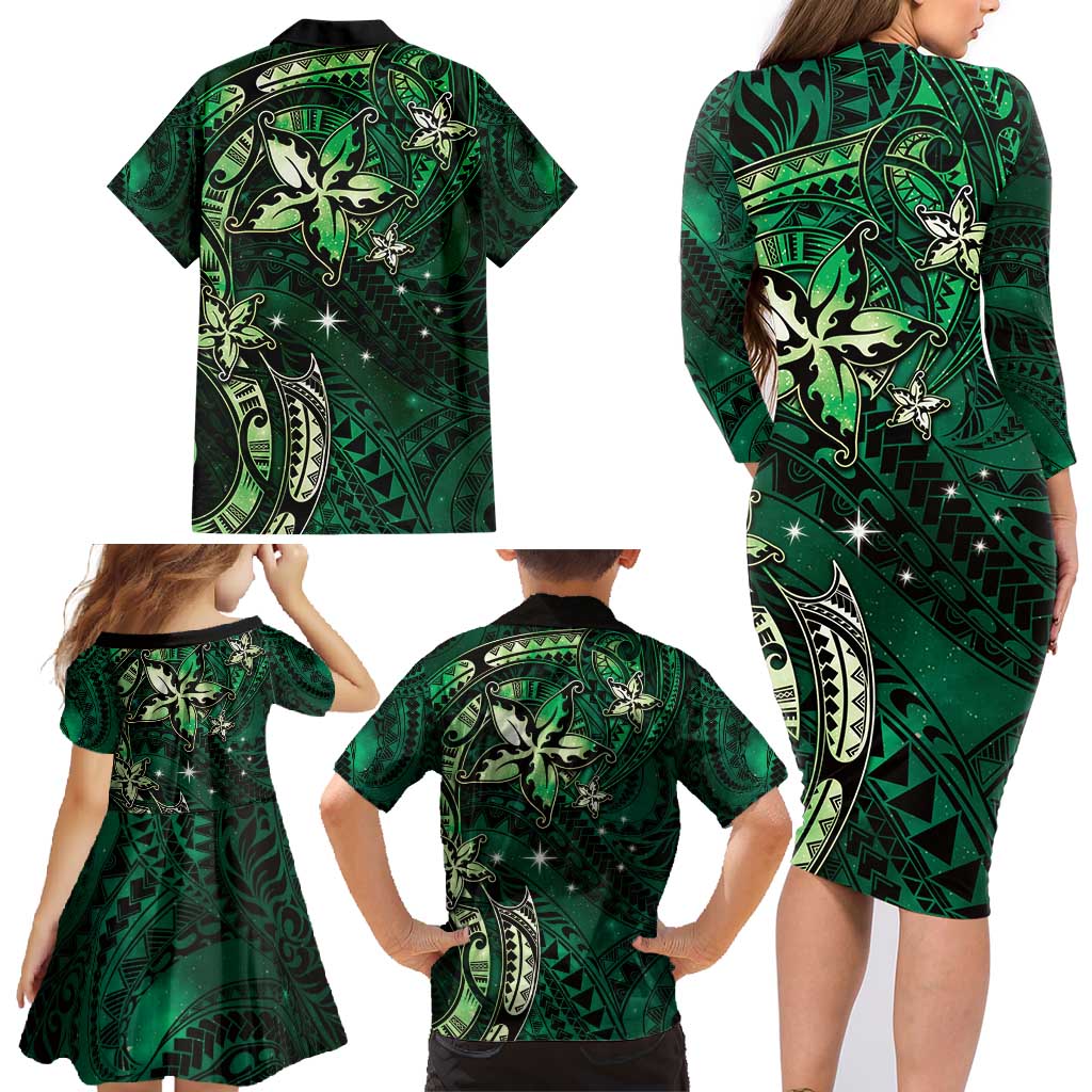 Hawaii Makahiki Season Family Matching Long Sleeve Bodycon Dress and Hawaiian Shirt Floral Tribal Tattoo Green Galaxy