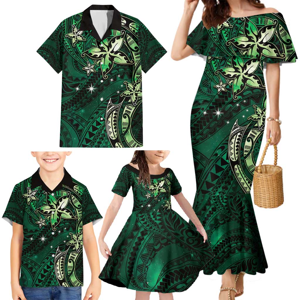 Hawaii Makahiki Season Family Matching Mermaid Dress and Hawaiian Shirt Floral Tribal Tattoo Green Galaxy LT05 - Polynesian Pride