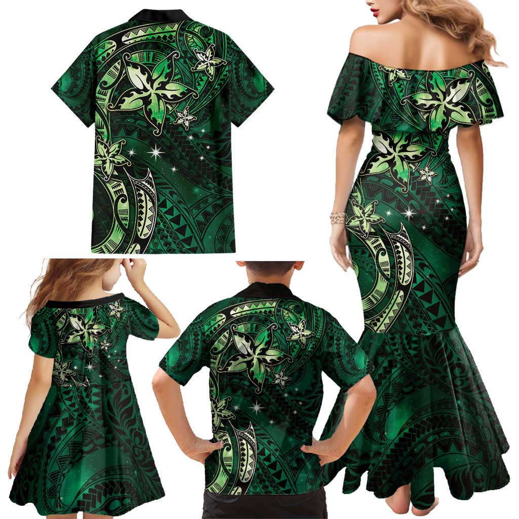 Hawaii Makahiki Season Family Matching Mermaid Dress and Hawaiian Shirt Floral Tribal Tattoo Green Galaxy