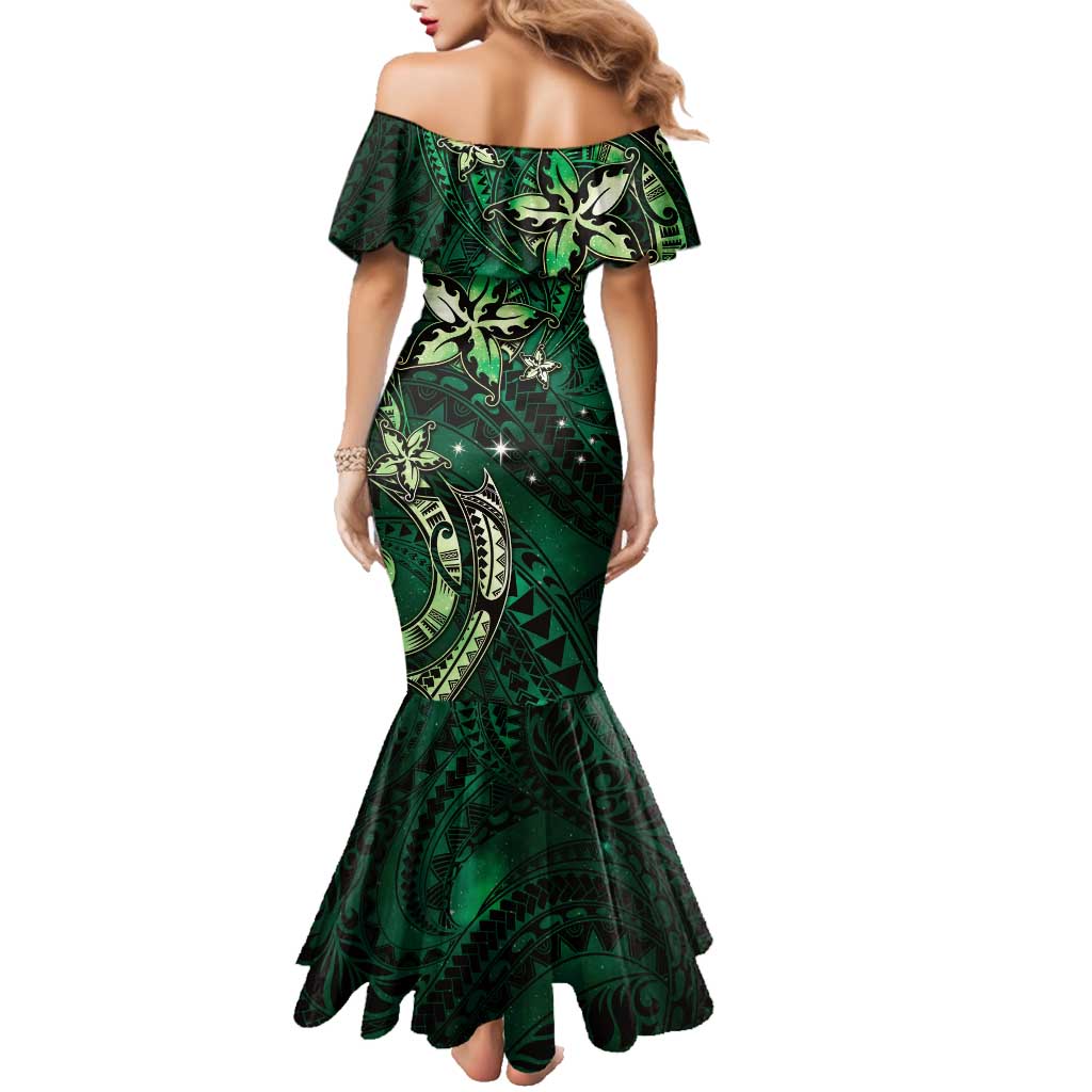 Hawaii Makahiki Season Family Matching Mermaid Dress and Hawaiian Shirt Floral Tribal Tattoo Green Galaxy