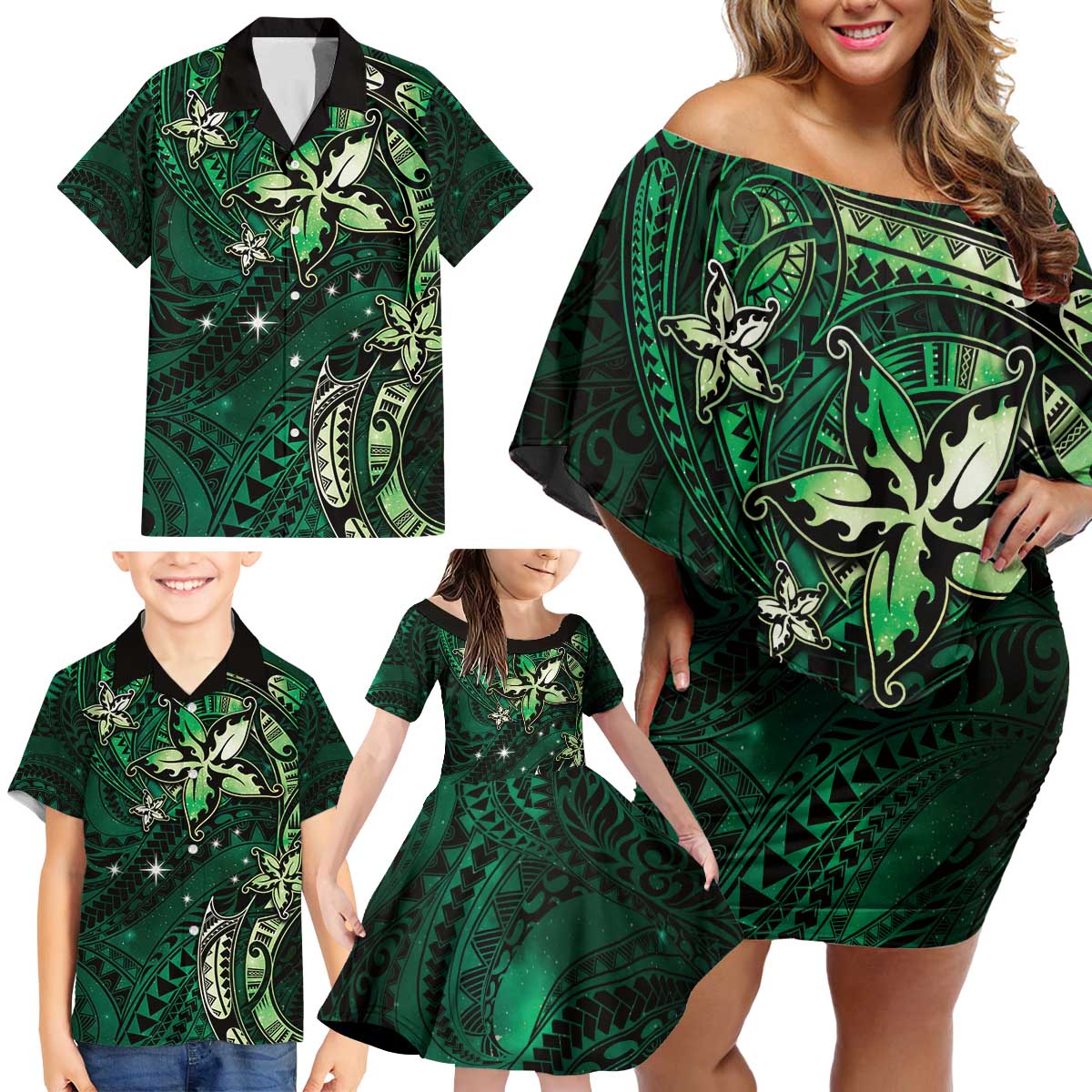 Hawaii Makahiki Season Family Matching Off Shoulder Short Dress and Hawaiian Shirt Floral Tribal Tattoo Green Galaxy LT05 - Polynesian Pride