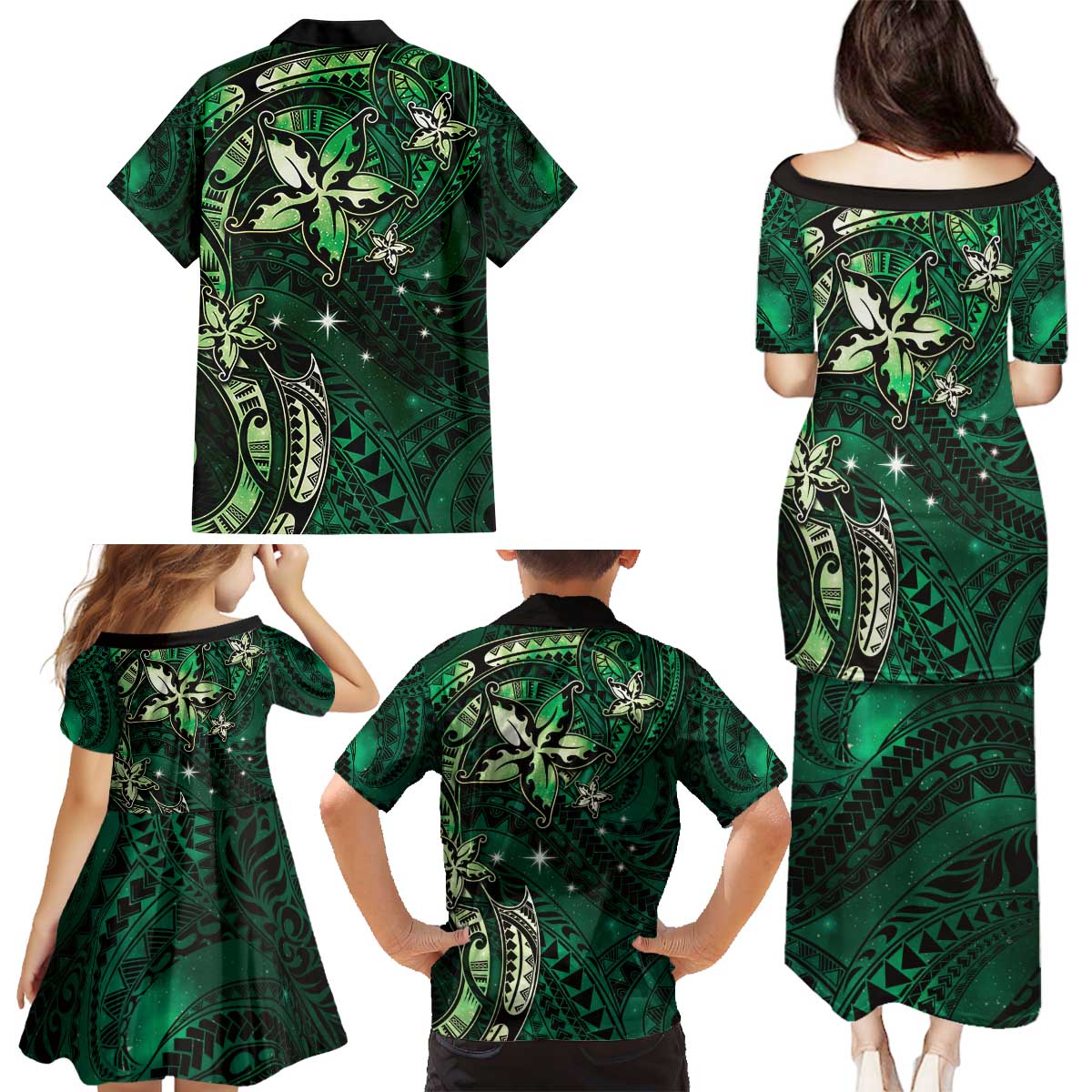 Hawaii Makahiki Season Family Matching Puletasi and Hawaiian Shirt Floral Tribal Tattoo Green Galaxy