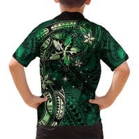 Hawaii Makahiki Season Family Matching Short Sleeve Bodycon Dress and Hawaiian Shirt Floral Tribal Tattoo Green Galaxy LT05 - Polynesian Pride