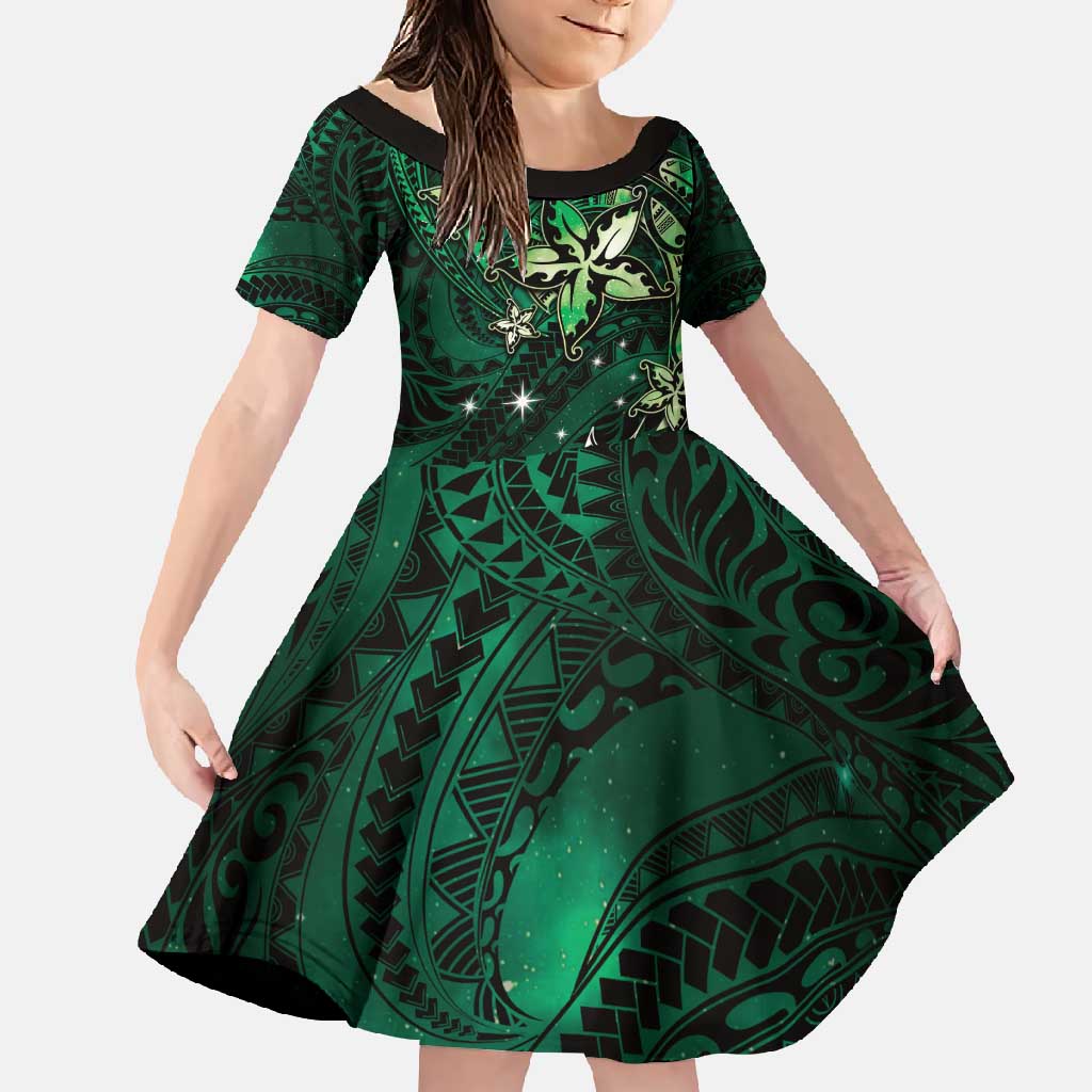 Hawaii Makahiki Season Family Matching Short Sleeve Bodycon Dress and Hawaiian Shirt Floral Tribal Tattoo Green Galaxy LT05 Daughter's Dress Green - Polynesian Pride
