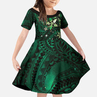 Hawaii Makahiki Season Family Matching Short Sleeve Bodycon Dress and Hawaiian Shirt Floral Tribal Tattoo Green Galaxy LT05 Daughter's Dress Green - Polynesian Pride