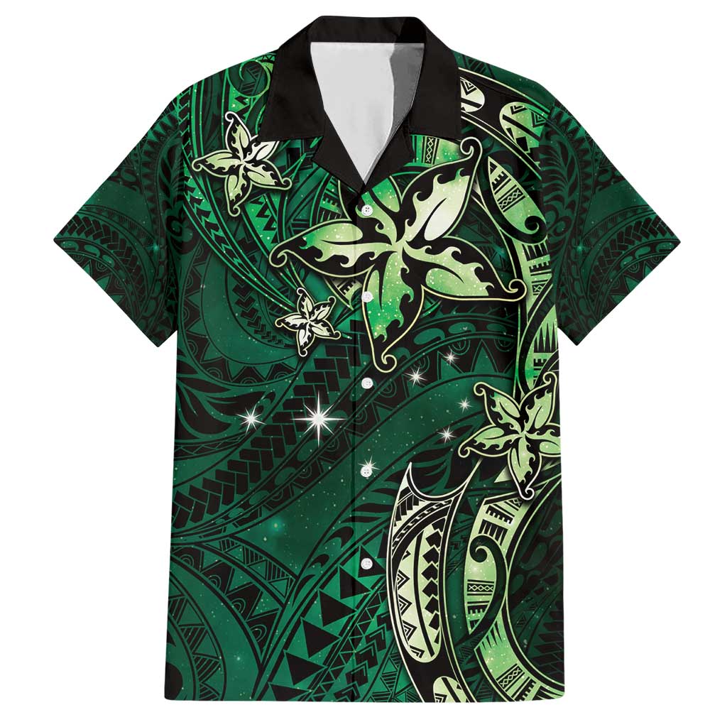 Hawaii Makahiki Season Family Matching Short Sleeve Bodycon Dress and Hawaiian Shirt Floral Tribal Tattoo Green Galaxy LT05 Dad's Shirt - Short Sleeve Green - Polynesian Pride