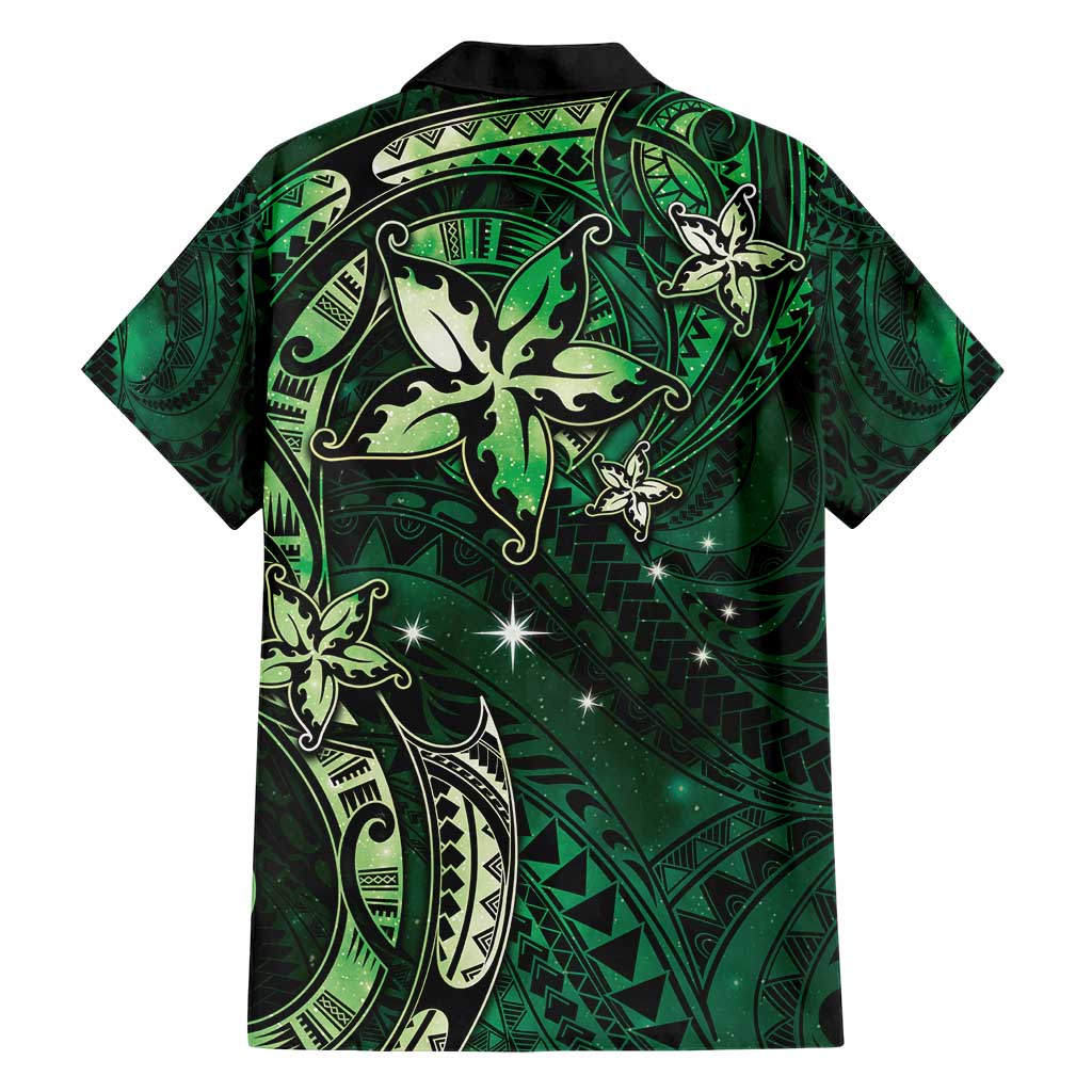 Hawaii Makahiki Season Family Matching Short Sleeve Bodycon Dress and Hawaiian Shirt Floral Tribal Tattoo Green Galaxy LT05 - Polynesian Pride