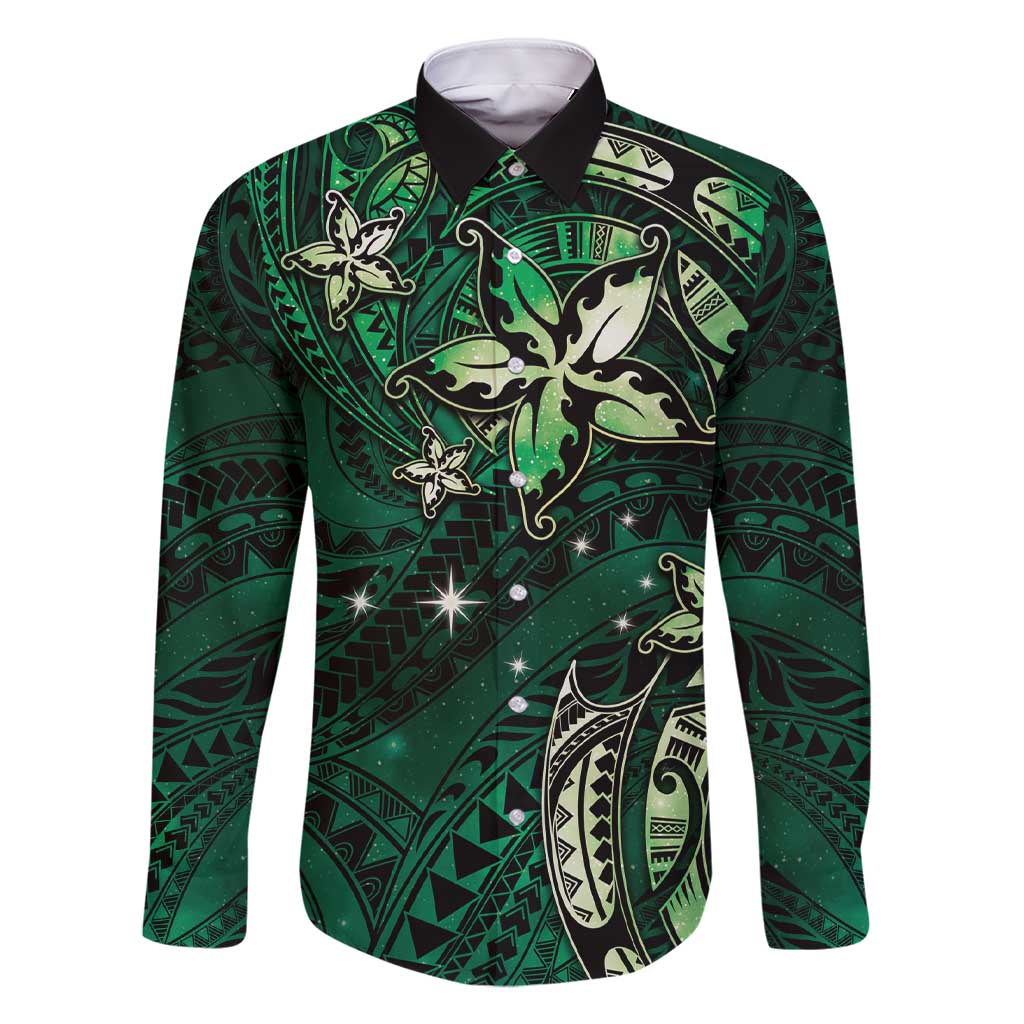 Hawaii Makahiki Season Family Matching Short Sleeve Bodycon Dress and Hawaiian Shirt Floral Tribal Tattoo Green Galaxy LT05 Dad's Shirt - Long Sleeve Green - Polynesian Pride