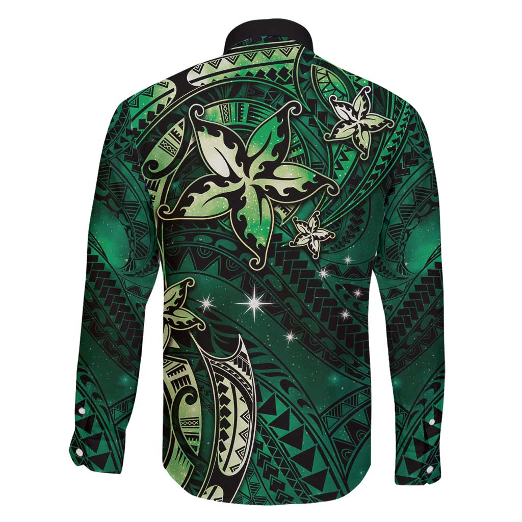 Hawaii Makahiki Season Family Matching Short Sleeve Bodycon Dress and Hawaiian Shirt Floral Tribal Tattoo Green Galaxy LT05 - Polynesian Pride