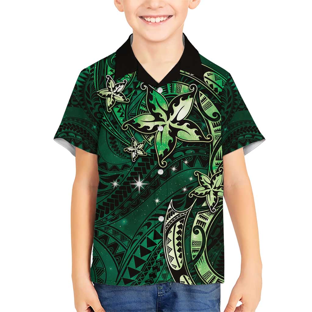 Hawaii Makahiki Season Family Matching Short Sleeve Bodycon Dress and Hawaiian Shirt Floral Tribal Tattoo Green Galaxy LT05 Son's Shirt Green - Polynesian Pride