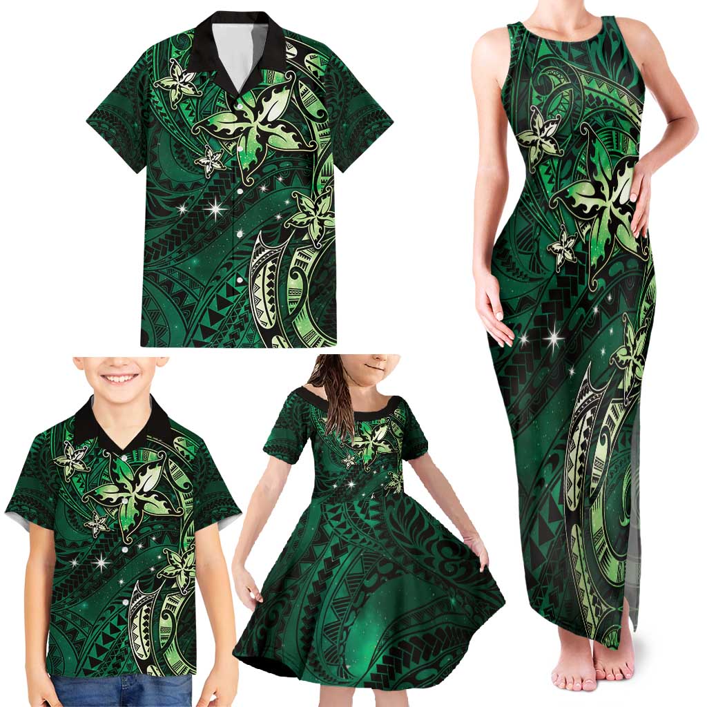 Hawaii Makahiki Season Family Matching Tank Maxi Dress and Hawaiian Shirt Floral Tribal Tattoo Green Galaxy LT05 - Polynesian Pride