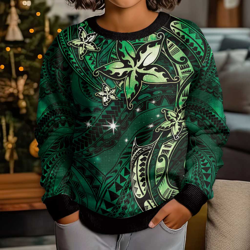 Hawaii Makahiki Season Kid Ugly Christmas Sweater Floral Tribal Tattoo Green Galaxy