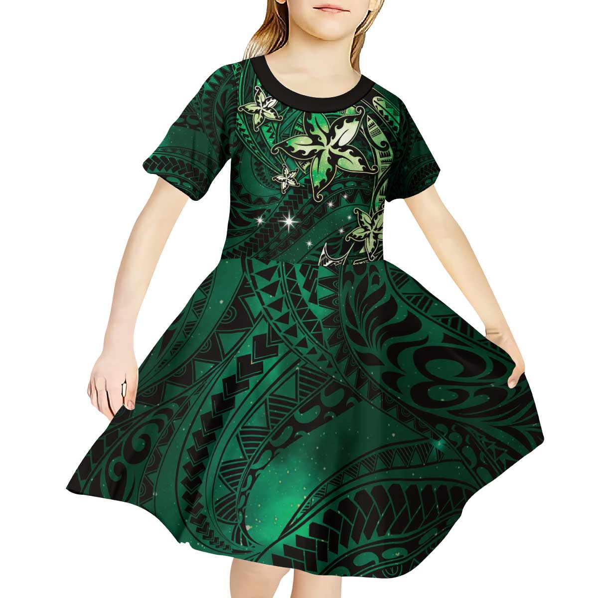 Hawaii Makahiki Season Kid Short Sleeve Dress Floral Tribal Tattoo Green Galaxy