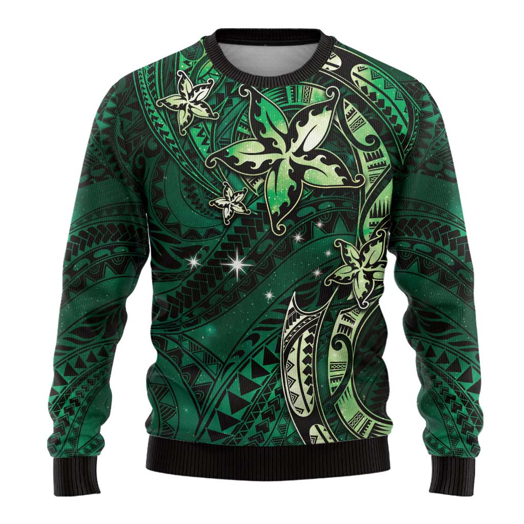 Hawaii Makahiki Season Ugly Christmas Sweater Floral Tribal Tattoo Green Galaxy