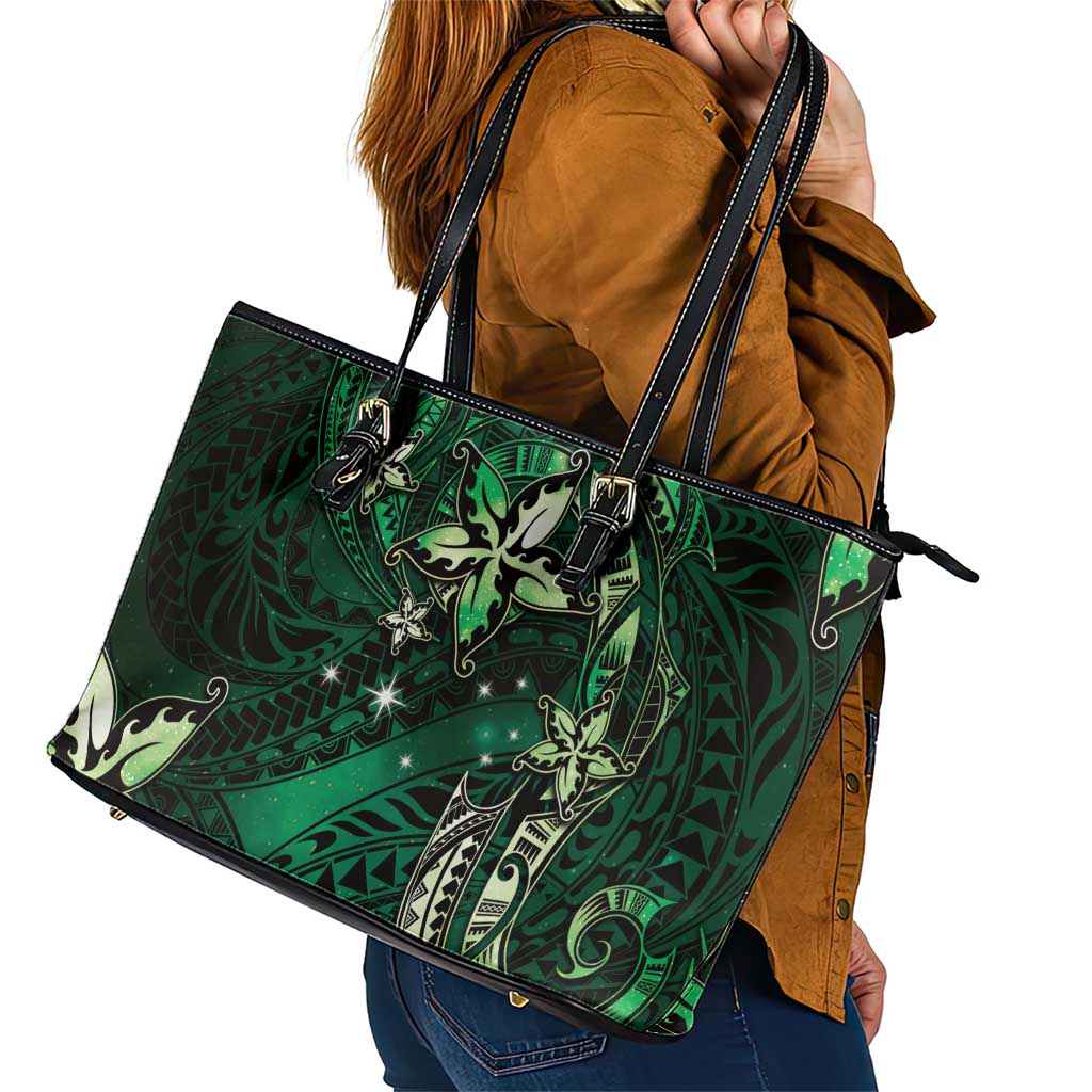 Hawaii Makahiki Season Leather Tote Bag Floral Tribal Tattoo Green Galaxy