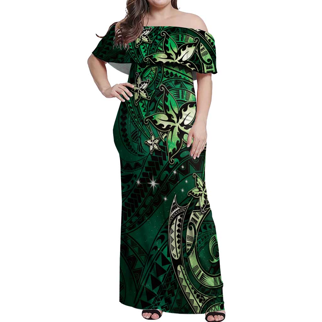 Hawaii Makahiki Season Off Shoulder Maxi Dress Floral Tribal Tattoo Green Galaxy