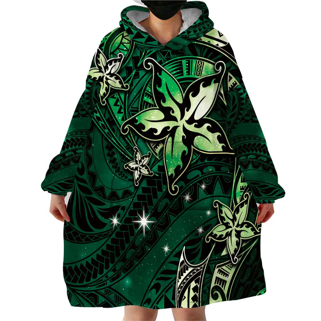 Hawaii Makahiki Season Wearable Blanket Hoodie Floral Tribal Tattoo Green Galaxy