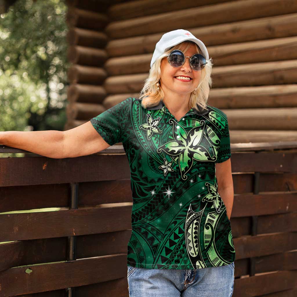 Hawaii Makahiki Season Women Polo Shirt Floral Tribal Tattoo Green Galaxy