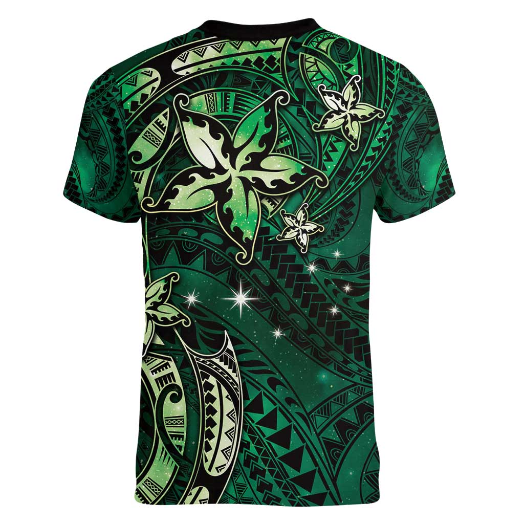 Hawaii Makahiki Season Women V-Neck T-Shirt Floral Tribal Tattoo Green Galaxy