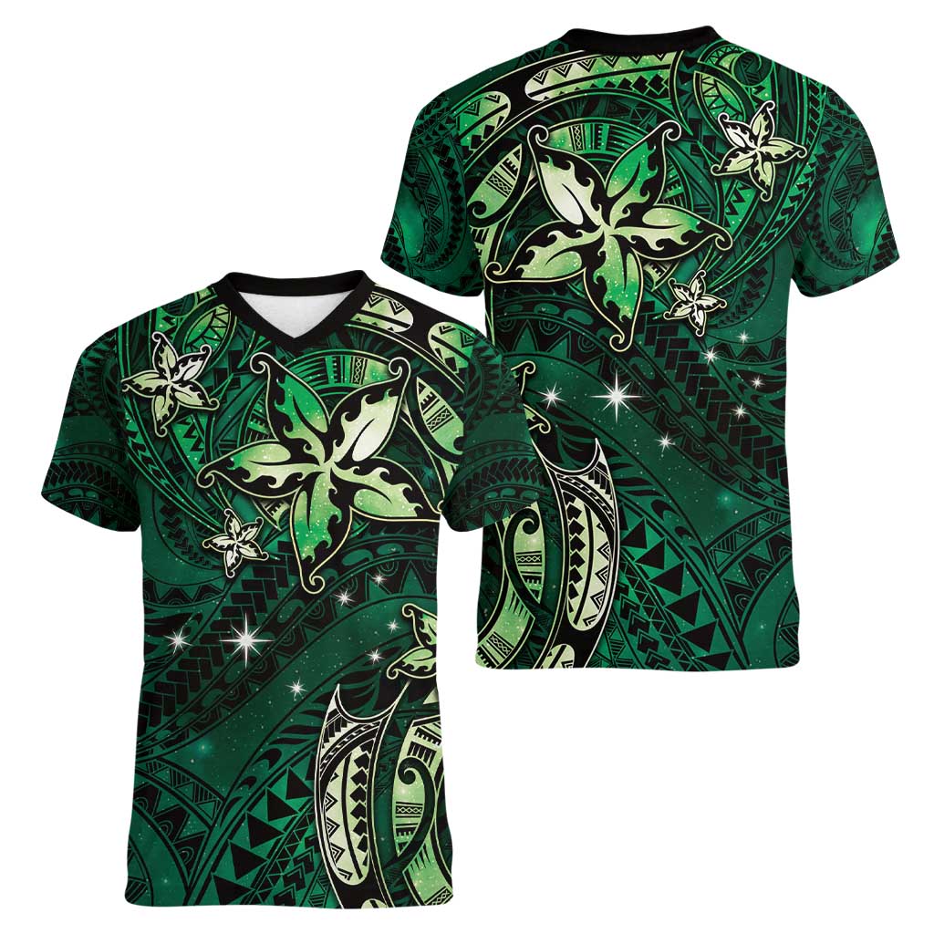 Hawaii Makahiki Season Women V-Neck T-Shirt Floral Tribal Tattoo Green Galaxy
