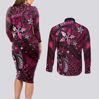 Hawaii Makahiki Season Couples Matching Long Sleeve Bodycon Dress and Long Sleeve Button Shirt Floral Tribal Tattoo Pink Galaxy