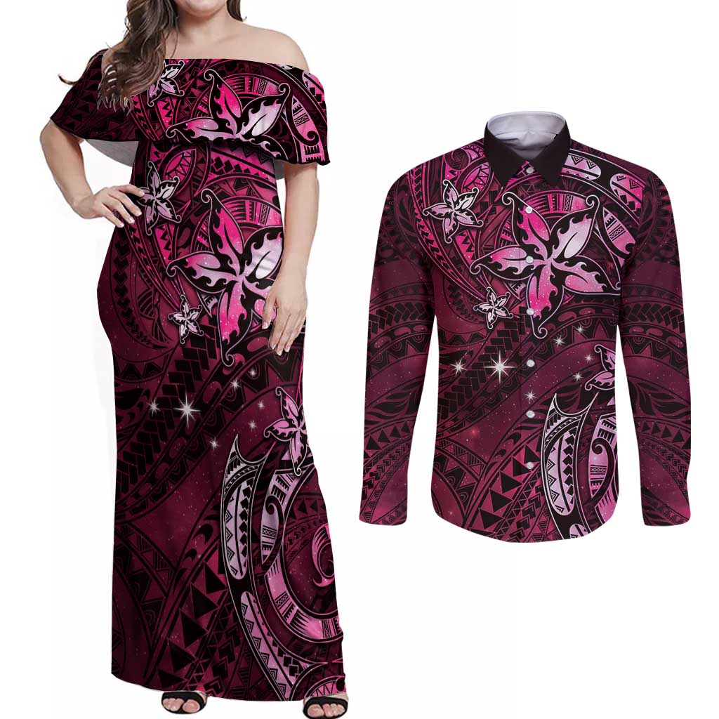 Hawaii Makahiki Season Couples Matching Off Shoulder Maxi Dress and Long Sleeve Button Shirt Floral Tribal Tattoo Pink Galaxy LT05 Pink - Polynesian Pride