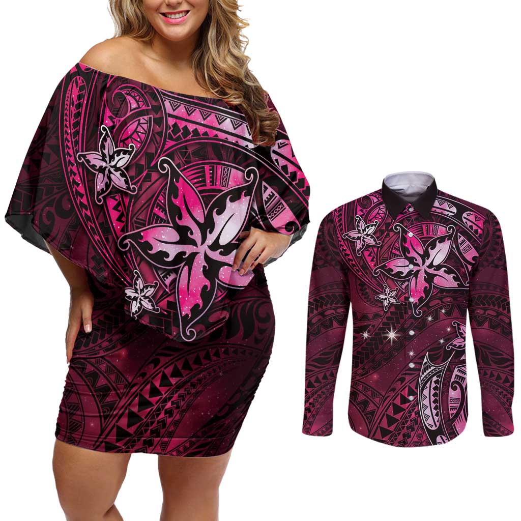 Hawaii Makahiki Season Couples Matching Off Shoulder Short Dress and Long Sleeve Button Shirt Floral Tribal Tattoo Pink Galaxy LT05 Pink - Polynesian Pride