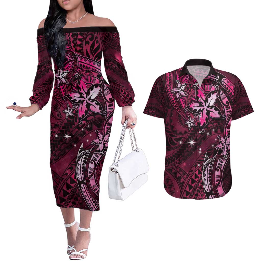 Hawaii Makahiki Season Couples Matching Off The Shoulder Long Sleeve Dress and Hawaiian Shirt Floral Tribal Tattoo Pink Galaxy LT05 Pink - Polynesian Pride