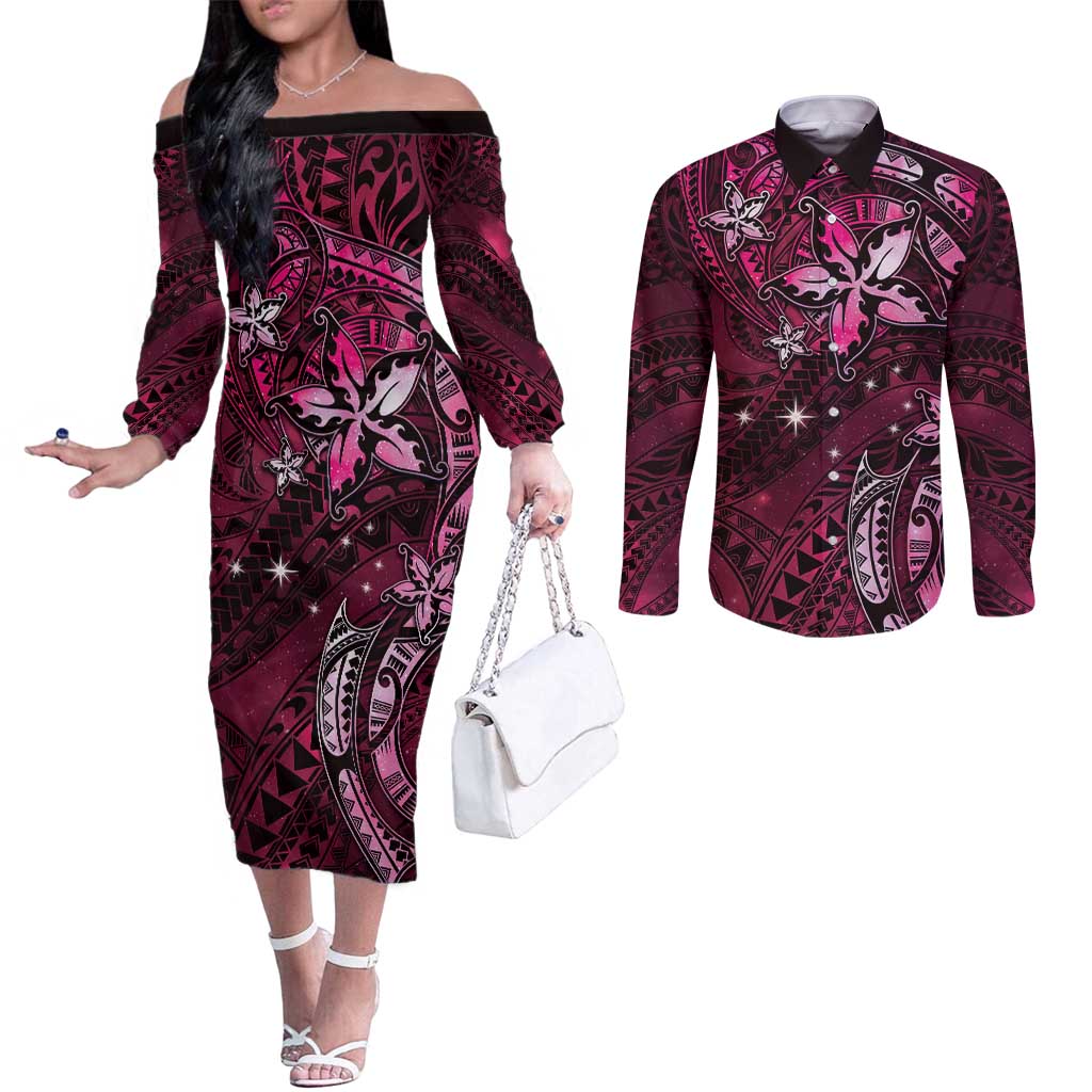 Hawaii Makahiki Season Couples Matching Off The Shoulder Long Sleeve Dress and Long Sleeve Button Shirt Floral Tribal Tattoo Pink Galaxy LT05 Pink - Polynesian Pride