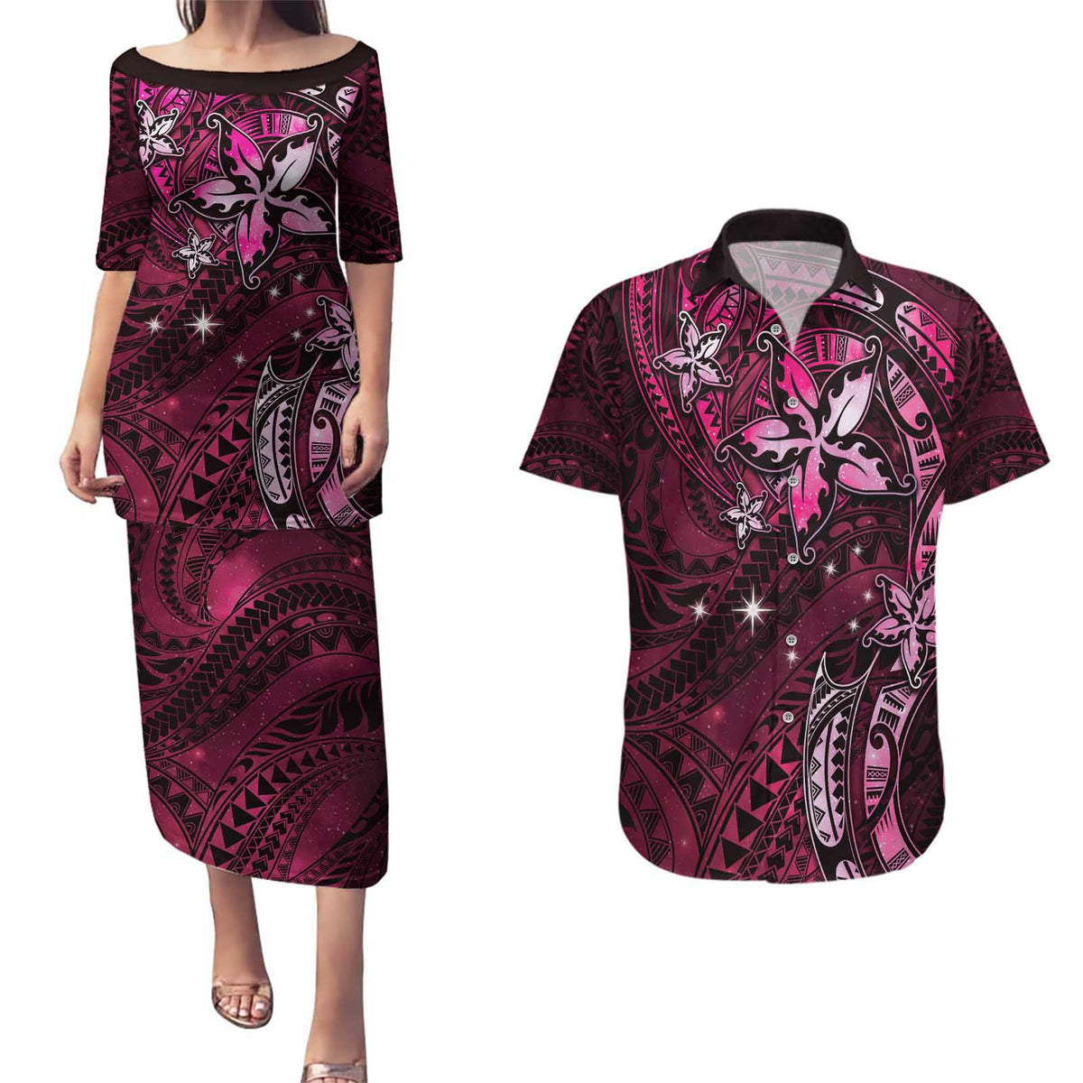 Hawaii Makahiki Season Couples Matching Puletasi and Hawaiian Shirt Floral Tribal Tattoo Pink Galaxy