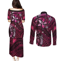 Hawaii Makahiki Season Couples Matching Puletasi and Long Sleeve Button Shirt Floral Tribal Tattoo Pink Galaxy
