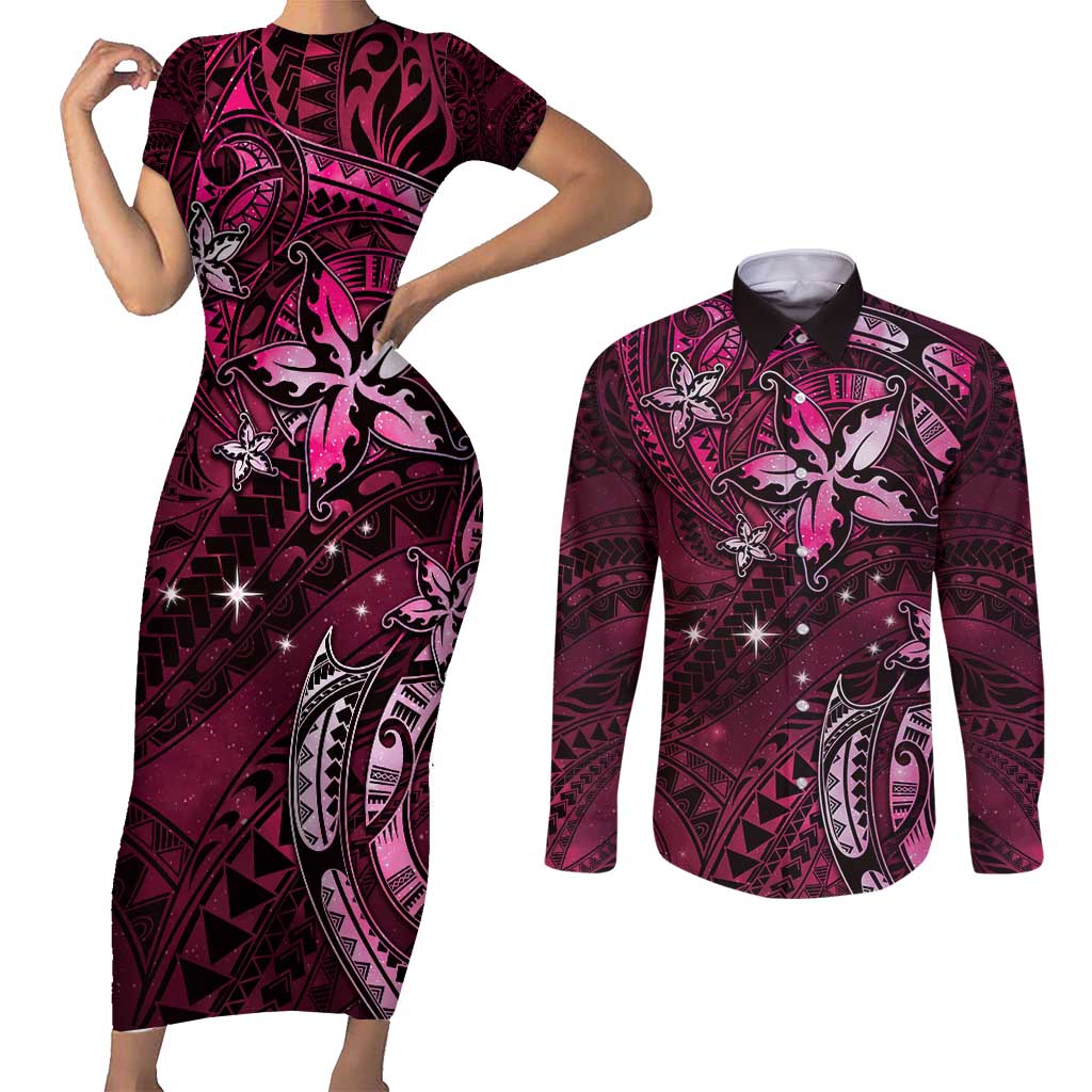Hawaii Makahiki Season Couples Matching Short Sleeve Bodycon Dress and Long Sleeve Button Shirt Floral Tribal Tattoo Pink Galaxy LT05 Pink - Polynesian Pride