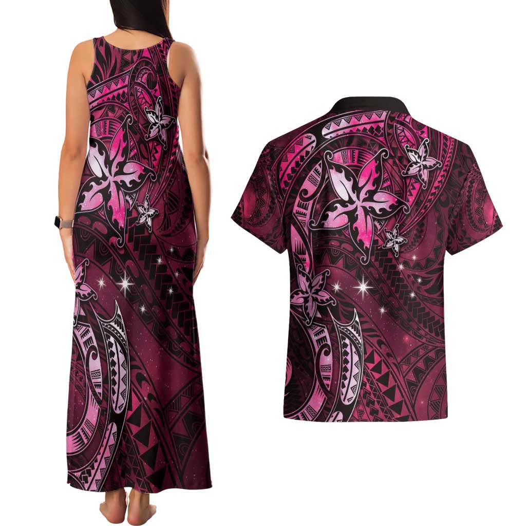 Hawaii Makahiki Season Couples Matching Tank Maxi Dress and Hawaiian Shirt Floral Tribal Tattoo Pink Galaxy