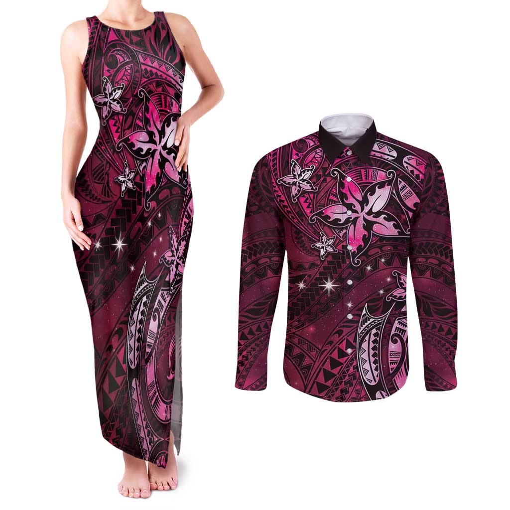Hawaii Makahiki Season Couples Matching Tank Maxi Dress and Long Sleeve Button Shirt Floral Tribal Tattoo Pink Galaxy LT05 Pink - Polynesian Pride